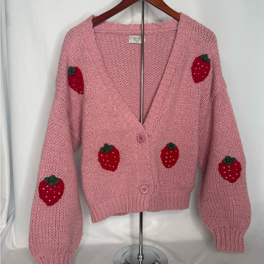 Vine Tree Los Angeles Pink Strawberry Knit Cardigan Sweater